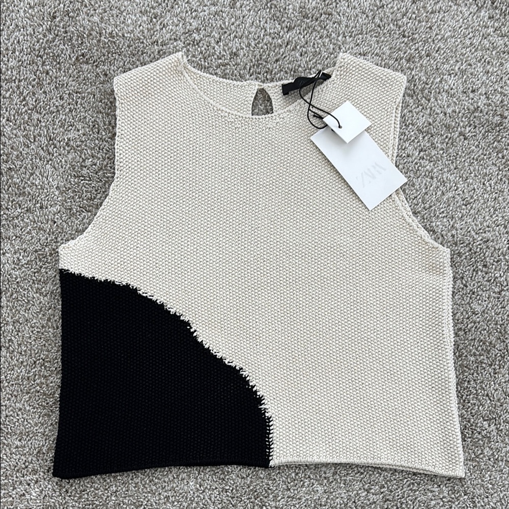 Zara Tan and Cream Asymmetrical Crop Tank Top